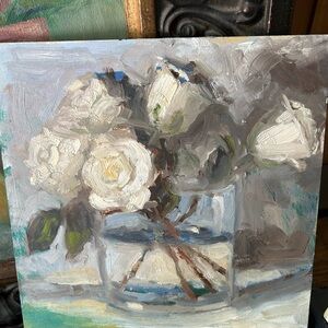 Chic White Roses Floral Oil 9x9”Painting and back Beach Painting